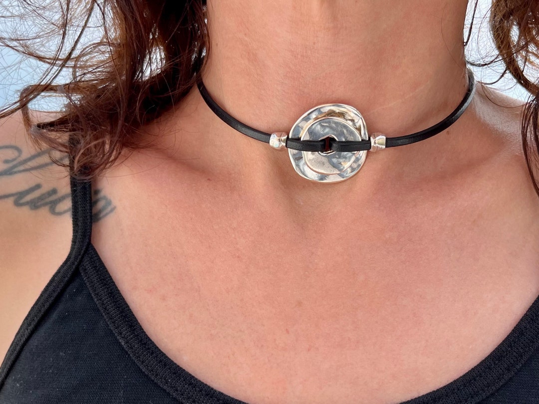 Double Oring Choker Necklace, Leather CHOKER, Choker Necklace, Silver
