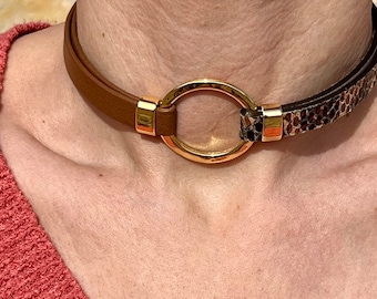 O-ring choker necklace, gold leather CHOKER, o-ring, gold plated, , LINCE SG handmade jewelry, mothers gift, grunge