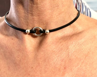 O-ring choker necklace, fine leather choker with silver ring, classic choker, MODEL CHOKER MINI, handmade jewelry