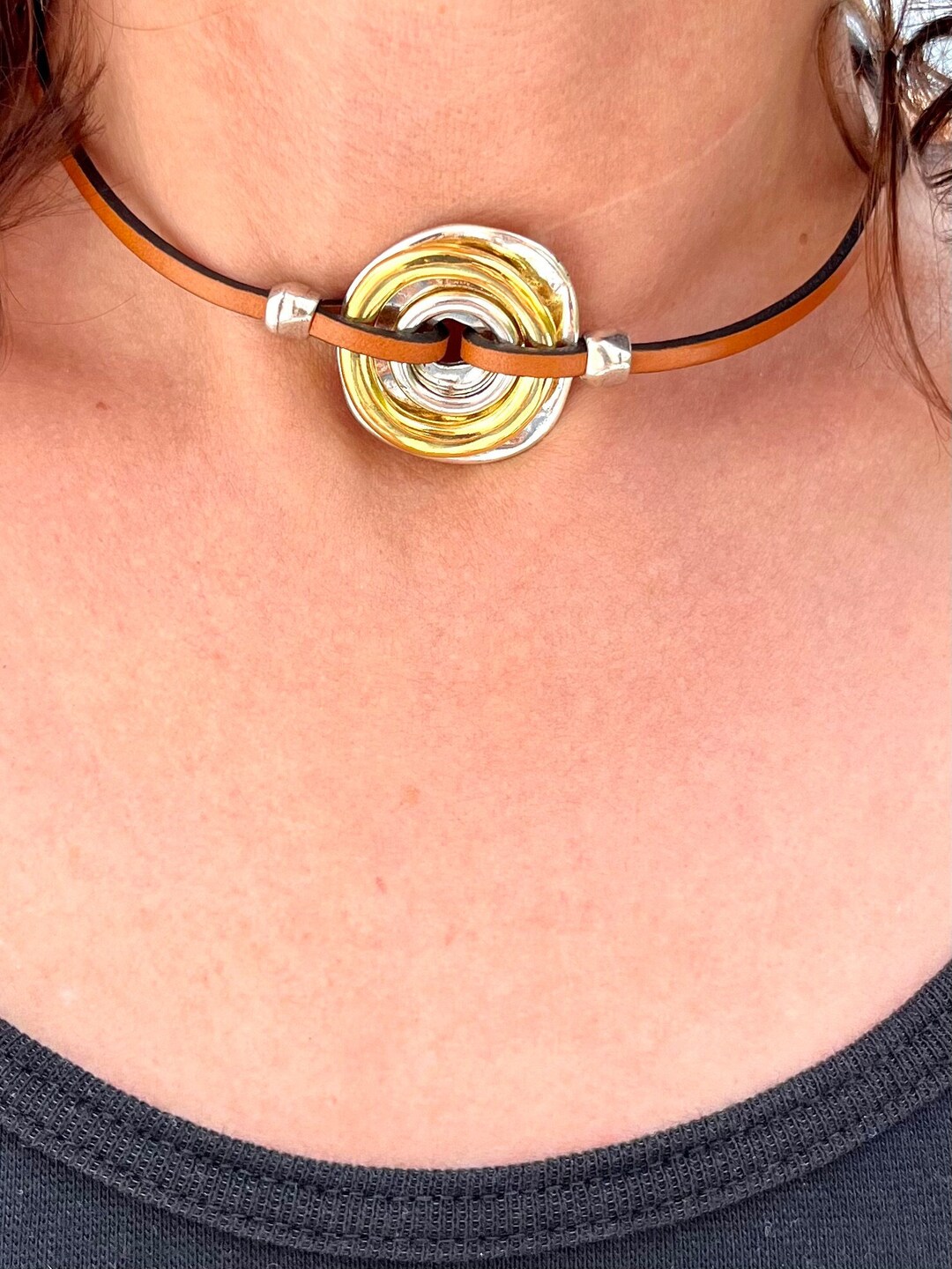 Oring Choker Necklace, in Silver and Gold Plated, LEATHER CHOKER