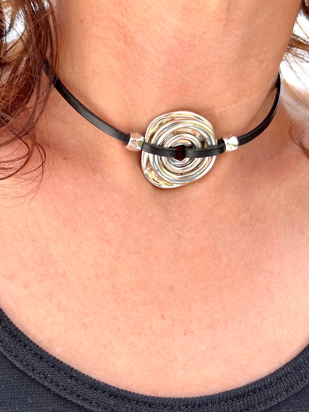 Triple Oring Choker Necklace, Leather CHOKER, Choker Necklace, Silver