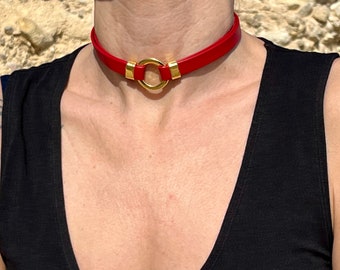 Gold plated o-ring choker necklace, LEATHER CHOKER, choker necklace, LP lince, handmade jewelry, grunge