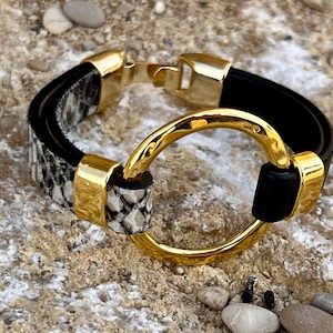 Pulsera mujer bañada en oro y piel, pulsera o-ring , LINCE sg, colores de piel, para las mujeres, joyería hecha a mano, junta tórica oro
