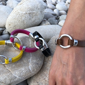 Silver and leather woman bracelet, o-ring bracelet, LINCE lp MODEL, different colors, Italian leather, for women, mothers, handmade jewelry