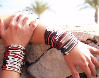 4 tubes and leather bracelet,  in silver and leather, different colors, women's leather bracelet, IBIZA MODEL, handmade jewelry