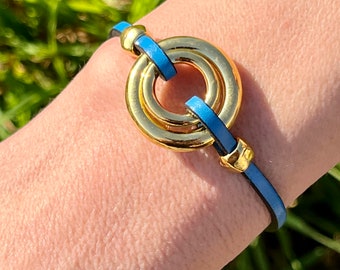 Pulsera mujer bañada en oro y piel, pulsera o-ring doble,  MODELO LINCE md, colores de piel, para las mujeres, joyería hecha a mano