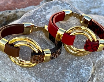 Women's gold-plated and leather bracelet, double o-ring bracelet, LINCE lp MODEL, leather colors, for women, handmade jewelry