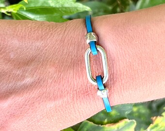 Silver and leather woman bracelet, o-ring bracelet , LINCE MODEL, different colors, Italian leather, for women, mothers, handmade jewelry