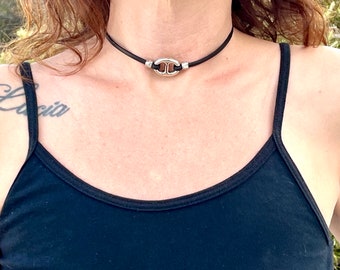 O-ring choker necklace, leather CHOKER, silver ring choker necklace, classic choker, KALO MODEL oval, handmade jewelry