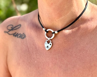 O-ring choker necklace, fine leather choker with silver padlock pendant, classic choker, K2 MODEL, handmade jewelry