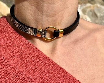 O-ring choker necklace, gold leather CHOKER, o-ring, gold plated, , LINCE CP, handmade jewelry, mothers gift, grunge