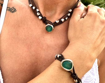 Woman necklace and bracelet, leather and silver, BLED H MODEL, gift for mothers and friends, silver and colored resin, handmade jewelry