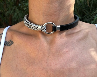 O-ring choker necklace, leather CHOKER, silver ring choker necklace, classic choker, LINCE MODEL sg, handmade jewelry
