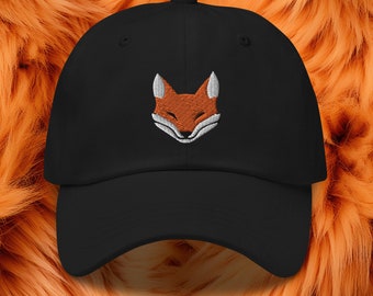 Embroidered Fox Baseball Dad Hat - Sly Fox Face Cap, Vibrant Orange Woodland Creature Design, Adjustable Unisex Cap for Animal Lovers