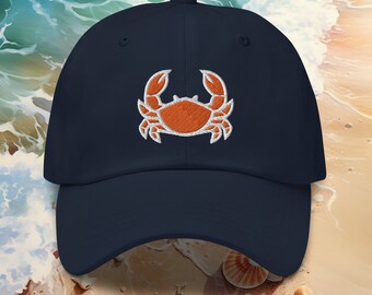 Embroidered Crab Baseball Dad Hat - Nautical Cap with Bold Red Crab Design, Unisex Maritime Fashion, Beach Lover Headwear in Assorted Colors