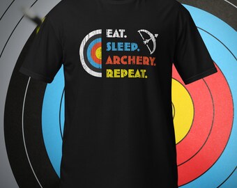 Eat Sleep Archery Repeat T-Shirt - Bold Archery Target and Bow Design Tee for Archers, Perfect for Practice & Casual Wear