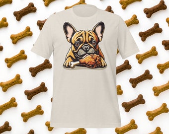 Funny French Bulldog Eating Chicken Drumstick T-Shirt - Colorful, Playful Dog Tee for Animal Lovers - Unique Graphic Design Shirt - Unisex
