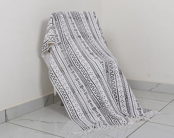 Coperta indiana, Coperta in cotone con stampa a blocchi, Copriletto in tessuto di fango Boho con nappe, Arredamento del divano, Arredamento della camera, Coperta per divano in cotone incorniciato a mano