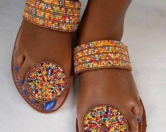 Maasai sandals Beaded leather sandals Beaded sandals for ladies Gift for her Made of beads and pure leather African sandals Summer shoes