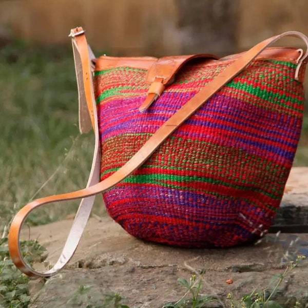 Sisal woven shoulder  bag sisal woven Tote bag African hand woven kiondo Maasai kiondo Gift crossbody bag for her