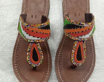 Beaded leather sandals Beaded sandals for ladies Gift for her Made of beads and pure leather African sandals Summer shoes