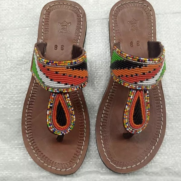 Beaded leather sandals Beaded sandals for ladies Gift for her Made of beads and pure leather African sandals Summer shoes