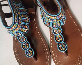 Beaded Maasai sandals African leather sandals Beaded sandals ladies open shoes Maasai sandals  African Open shoes Women sandals Beach Sandal