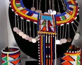 Maasai wedding necklace and it's matching set, Beaded hand bracelets and chocker necklace African wedding necklace