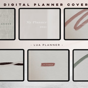以下が含まれることがあります： 異なるデザインのデジタルプランナーカバーが11種類あります。カバーには、緑、茶色、ピンクなど、さまざまな色の抽象的な筆跡が描かれています。一部のカバーには「プランナー」という言葉が書かれており、他のカバーには「マイプランナー2021」というテキストが書かれています。