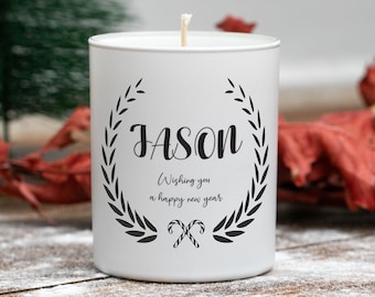Personalized Christmas Name Candle, Happy New Year Gift Candle for Dining Table, Christmas Scented Soy Candle for Guests