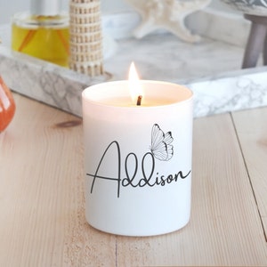 Customized Name Candle, Personalized Unique Gift For Her, Handmade Scented Soy Candle, Butterfly on Name image 2