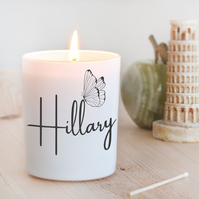 Customized Name Candle, Personalized Unique Gift For Her, Handmade Scented Soy Candle, Butterfly on Name image 1
