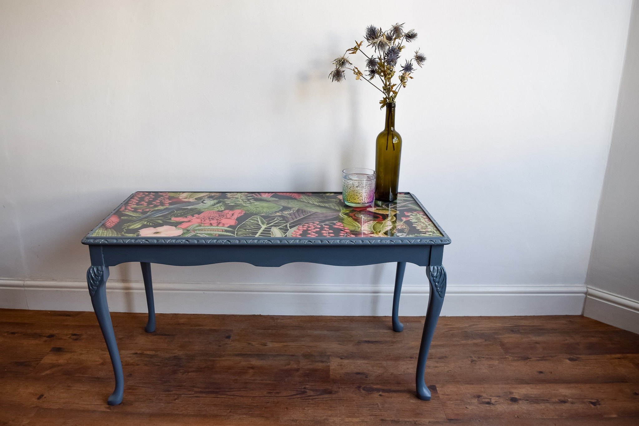 Hand Painted Upcycled Coffee Table in Lilac Grey With Modern Exotic