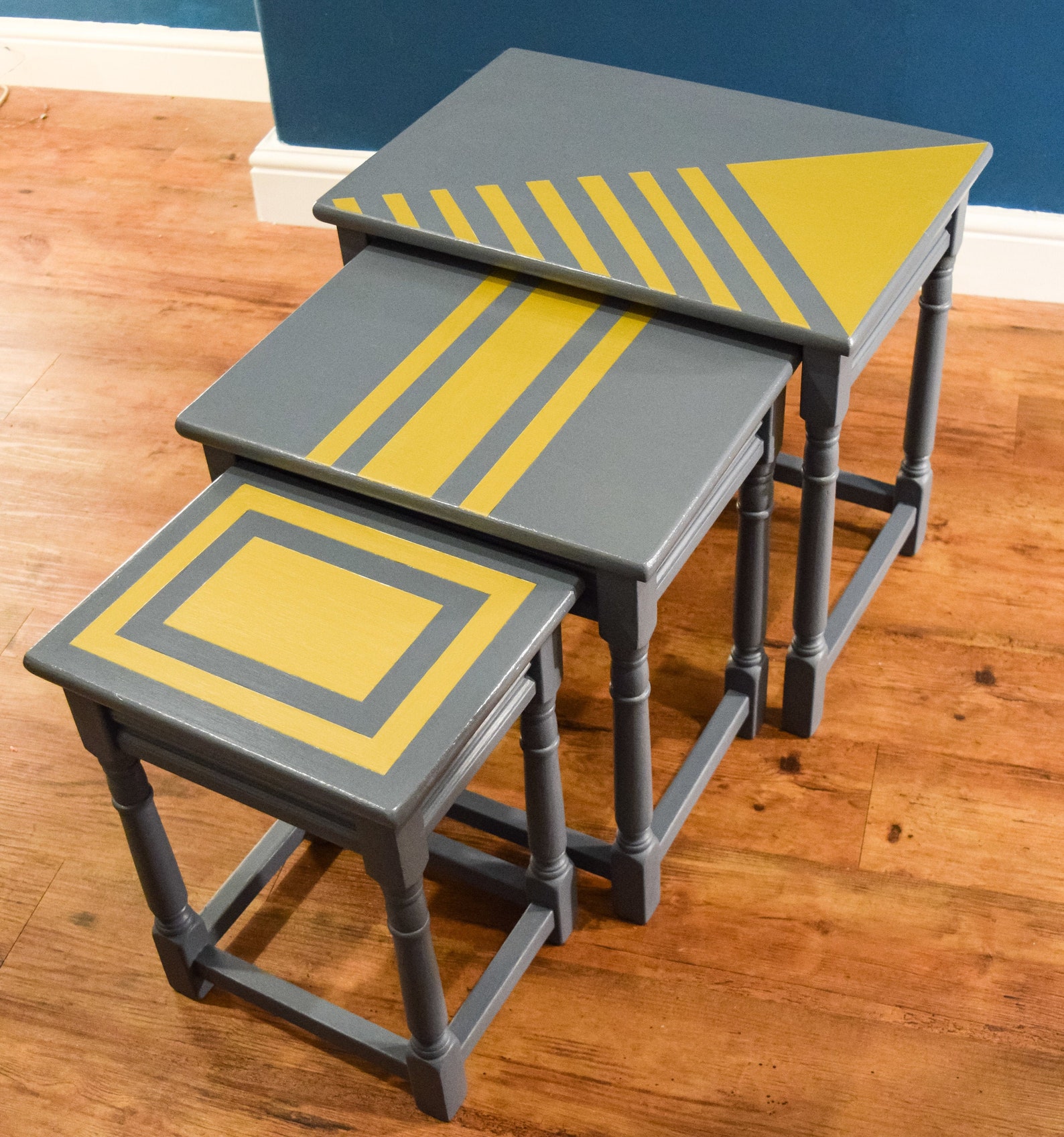 Nest of Tables. Set of 3. Grey Tone Blue With Gold Geometric Patterns. Blosso Bespoke Upcycled