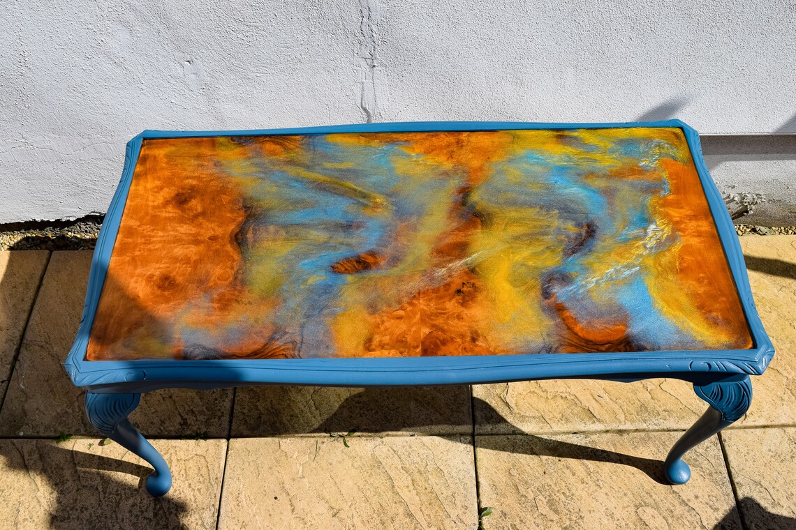 Sold Hand Painted Coffee Table Natural Wood Top With Epoxy Etsy