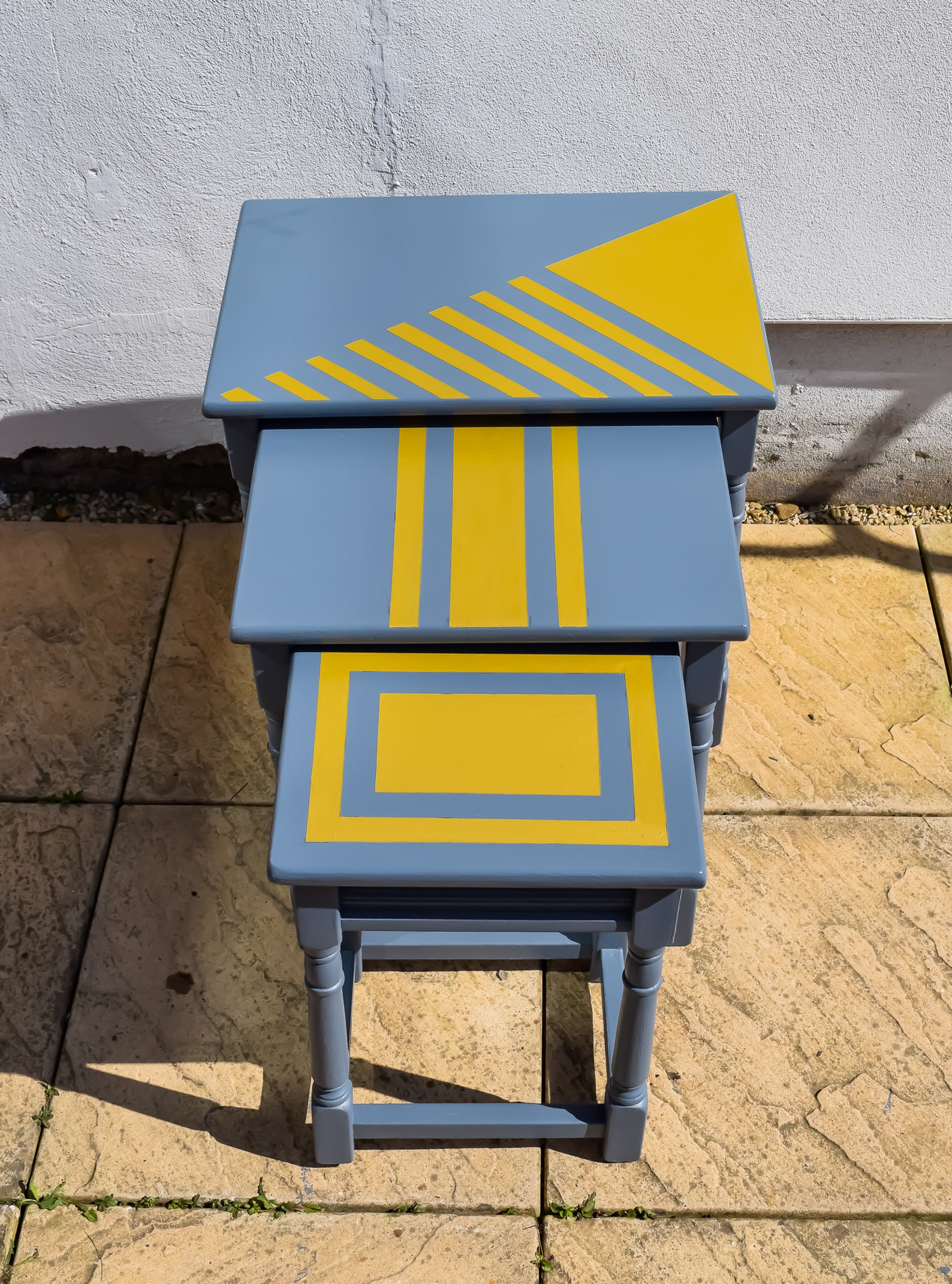 Nest of Tables. Set of 3. Grey Tone Blue With Gold Geometric Patterns. Blosso Bespoke Upcycled