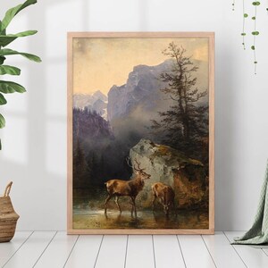 Vintage Deer Rustic Painting Painting Canvas Print Poster Framed Antique Forest Wild Animal Print Moody Cabin Woodland Wall Art Cottagecore