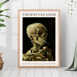 Skull Skeleton with Burning Cigarette Van Gogh Exhibition Poster Painting Dark Academia Canvas Print Poster Framed Gothic Vintage Wall Art