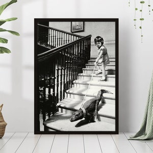 Girl Walking Baby Alligator on Leash Black and White Retro Vintage Funny Oddities Photography Canvas Framed Poster Printed Wall Art Trendy