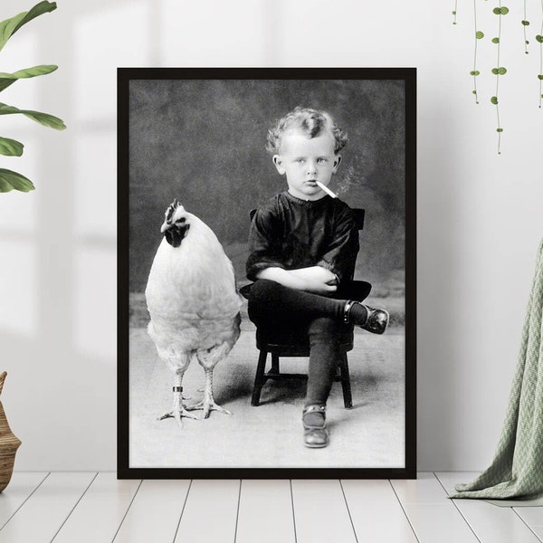 Boy With Chicken Rooster Smoking Cigarette Black & White Retro Vintage Oddities Photography Canvas Framed Poster Printed Wall Art Trendy