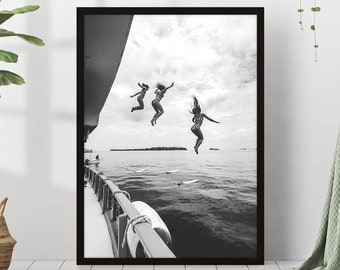 Girls Jumping Sail Boat Yacht Retro Ocean Black & White Vintage Old Summer Photography Trendy Wall Art Poster Canvas Framed Printed Wall Art