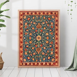 Antique Rug Painting Vintage Textile Pattern Tapestry Carpet Canvas Print Poster Framed Boho Eclectic Farmhouse Wall Art Living Room Decor