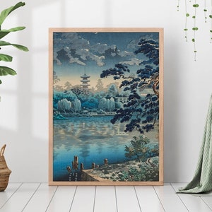 Vintage Japanese Woodblock Asian Art Tsuchiya Koitsu Canvas Ukiyo-e Print Poster Framed Lake Pond Pastel Blue Shin Hanga Wall Art Room Decor