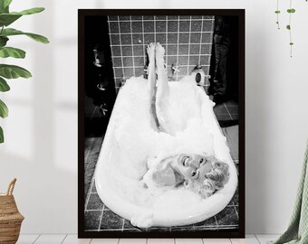 Marilyn Monroe Bathtub Famous Movie Actress Print Black and White Retro Vintage Classic Fashion Photography Canvas Framed Printed Wall Art