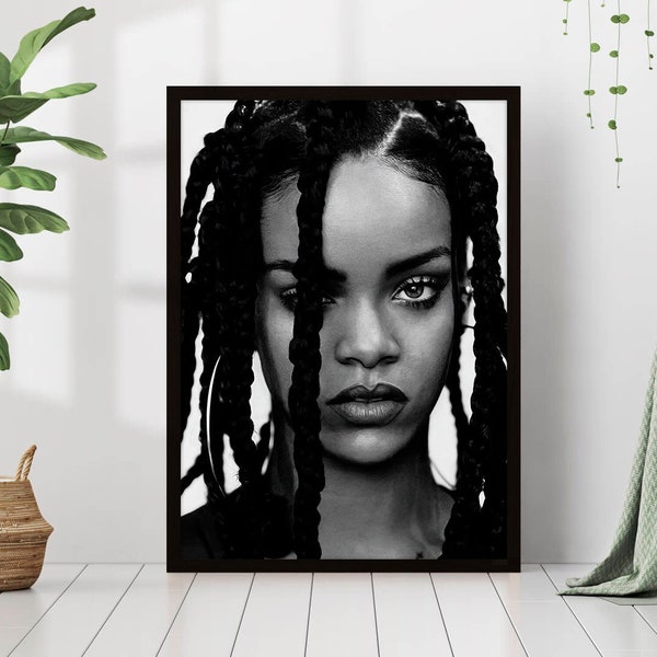 Rihanna Print Famous Singer Music Riri Poster Black & White Retro Vintage Photography Canvas Framed Printed Wall Art Trendy Decor Celebrity