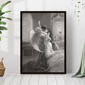 Romantic Encounter Mihaly Von Zichy Angel Kiss Print Dark Academia Canvas Print Poster Framed Painting Gothic Vintage Victorian Art Decor