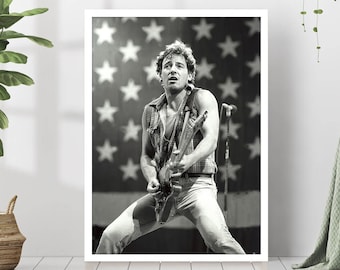 Bruce Springsteen Guitarist Singer Music Poster Print Retro Black and White Photography Vintage Celebrity Rock Blues Canvas Framed Wall Art