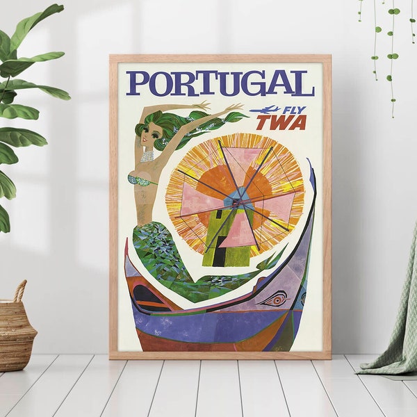 Vintage Visit Portugal Mermaid Europe Travel Poster Colorful Eclectic Vibrant Print Trendy Living Room Retro Wall Art Decor Framed Canvas