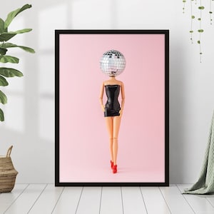 Disco Ball Barbie Print Retro Pink Aesthetic Poster Club Fashion Dance Party Canvas Framed Printed Preppy Trendy Funky Bar Cart Wall Art