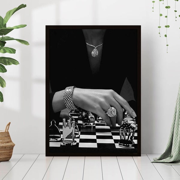 Woman Playing Chess Stylish Print Black and White Retro Vintage Luxury Fashion Jewelry Photography Canvas Framed Printed Trendy Wall Art